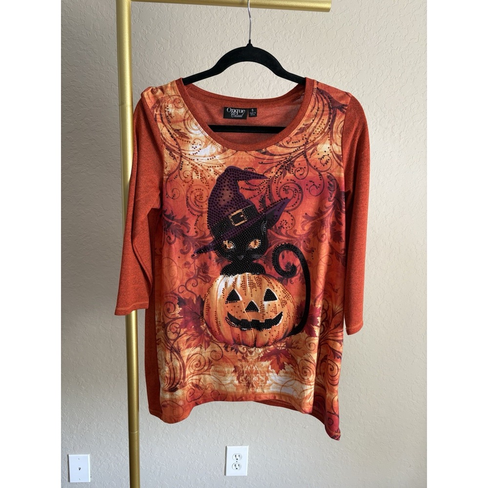 Onque Casuals Women's Halloween Embellished Tunic Top Size S Witchy Cat Fall